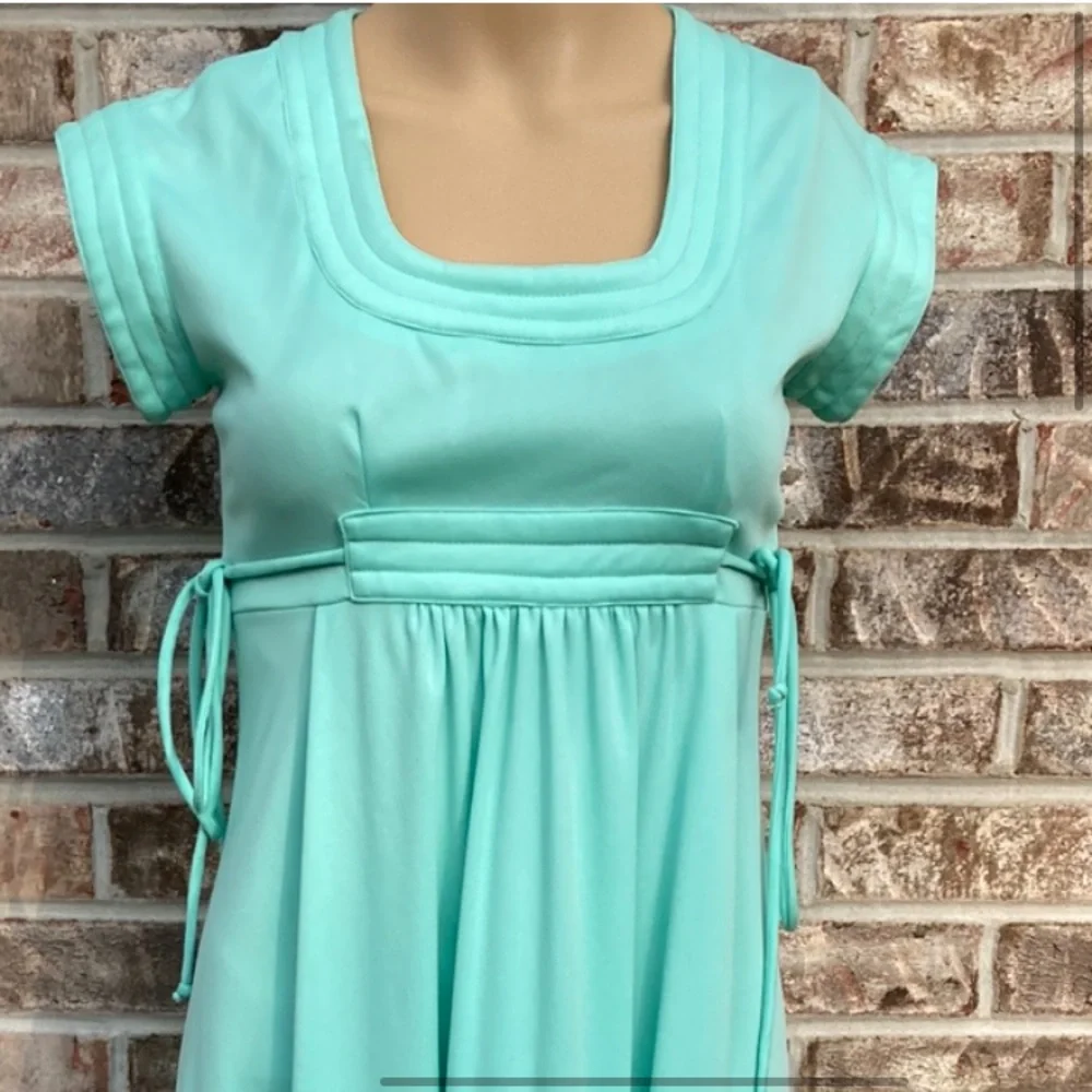 True 1970s Vintage Bridgerton Regency Cottagecore Mint Green Maxi Dress - Picture 11 of 12